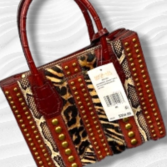 Michael Kors Mercer Medium Red Leopard Calf Hair‎ Gold Studded Accordion Handbag - Picture 4 of 4